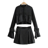 Ebbgo  Solid Sexy Cropped Top Mini Skirt Two Piece Set Women Satin Flare Long Sleeve 2 Piece Matching Set Outfits A line Skirts Suits