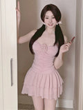 Ebbgo  Summer Pink Sexy Sweet Strap Dress Women Korean Fashion Party Mini Dress Female Ruffled Backless Designer Suspender Dress
