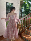 Ebbgo  French Vintage Long Sleeve Dress Woman Fairy Elegant Floral Midi Dress Evening Party One Piece Korean  Summer Chiffon Beach