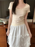Ebbgo  16Colors 2024 Summer korean style U Neck Floral Lace Short Sleeve t-shirts Womens Slim Short tops Tees shirt femme(X3196)