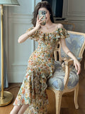 Ebbgo  French Retro Long Dress Women's Sexy Holiday Flower Print Ruffles Off Shoulder Maxi Robe Party Dating Vestidos Vintage Clothing