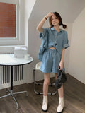 Ebbgo  Summer Women Set Casual Shorts and Blouses Fashion Two-piece Sets Matching Outfits Loose Denim Ensemble Femme