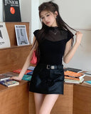 Ebbgo  Black PU Leather Mini Skirts Women High Waist Shorts Skirt Bodycorn Faxu Leather Summer Clubwear Sexy Pockets Y2K Streetwear