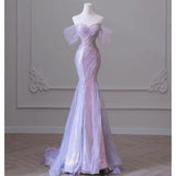 Ebbgo  elegant Purple Laser Sequined Beaded Mermaid Women Evening Dress with Puff Sleeves Tassel Pearls Tulle Train Prom Gown 2024