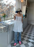 Ebbgo  Korean Simple Lace Fungus Dress for Women Summer New Slim Fit White Strap Dresses Y2k E-Girl Hoigh Waist Vestidos Mujer