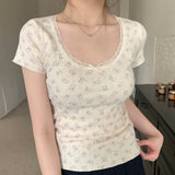 Ebbgo  6Colors 2024 summer Korean style Vintage Short sleeve Lace Floral Slim t-shirts womens tee shirt femme women tops (X3164)