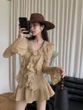 Ebbgo   New Korean V-neck Ruffled Lace Stitching Casual Long-sleeved Shirt Women + Pleated Skirt Two-piece Suit