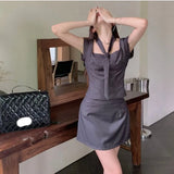 Ebbgo  Summer Grey Dress Womens Suit Straps Dress Two Piece Set Sleeveless Fashion Y2K Suspender Simple Female Temperament Party Skirt