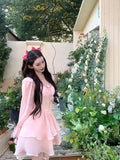 Ebbgo  Lolita Sweet Y2k Mini Dress Woman Pink Kawaii Long Sleeve Dress Party  Summer Elegant One Piece Dress Korean Fashion Chic