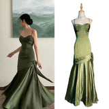 Ebbgo  Elegant Emerald Green Irregular Patchwork Evening Party Dress High Waist Spaghetti Strap Pleated Hem Prom Gown For Women