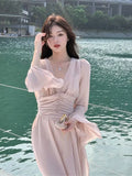 Ebbgo  French Romantic Pink Chiffon Long Dress V-neck Flare Sleeve vestido maxi robe femme chic et élégante soiree longue wedding prom