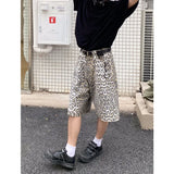 Ebbgo  Women's Shorts Jeans Leopard High Waist Straight Pants Streetwear Harajuku Y2K Vintage Female Wide Leg Denim Five Points Trouser