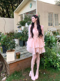 Ebbgo  Lolita Sweet Y2k Mini Dress Woman Pink Kawaii Long Sleeve Dress Party  Summer Elegant One Piece Dress Korean Fashion Chic