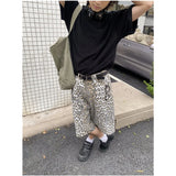Ebbgo  Women's Shorts Jeans Leopard High Waist Straight Pants Streetwear Harajuku Y2K Vintage Female Wide Leg Denim Five Points Trouser