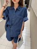 Ebbgo  Summer Women Set Casual Shorts and Blouses Fashion Two-piece Sets Matching Outfits Loose Denim Ensemble Femme