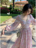 Ebbgo  French Vintage Long Sleeve Dress Woman Fairy Elegant Floral Midi Dress Evening Party One Piece Korean  Summer Chiffon Beach