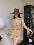 Ebbgo   New Korean V-neck Ruffled Lace Stitching Casual Long-sleeved Shirt Women + Pleated Skirt Two-piece Suit