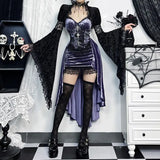 Ebbgo  Dark Gothic Style Purple Sleeveless Halter Train Dress Lace Patchwork Bag Hip Long Dress Elegant Sexy Short Front Long Back