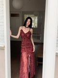 Ebbgo  Women's Red A-line Luxury Dress Y2k Vintage Off Shoulder Long Dress with Slit Elegant Party Club One Piece Frocks Clothes Summer