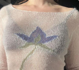 Ebbgo knitted Purple Flower Mohair Knitted Top for Women Spring French Retro Loose Lazy Thin Hollow Sweater