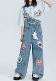 Ebbgo 2000s fashion Funny Cartoon Denim Suspender Pants Men and Women Spring New Loose BF American Retro One-Piece Trousers