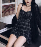 Ebbgo grunge outfits Korean Style 100.00kg plus Size Women's Retro Versatile Sexy Slim Fit Wooden Ear Plaid Sling Dress