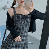 grunge outfits Korean Style 100.00kg plus Size Women's Retro Versatile Sexy Slim Fit Wooden Ear Plaid Sling Dress