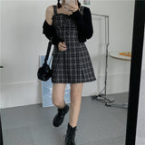 grunge outfits Korean Style 100.00kg plus Size Women's Retro Versatile Sexy Slim Fit Wooden Ear Plaid Sling Dress