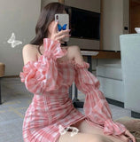 Ebbgo harajuku dress to impress Anchor Clothes Women's Elegant Small Puff Sleeves Slim Fit Pink Sexy off-Shoulder Dress Autumn