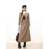 Ebbgo  -  Two Piece Set Women Outfits Female Vintage Round Neck Slim Short Jacket Coat+high Waist Mid Length Skirt Suit Fall Winte