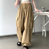 Ebbgo  Women's 4XL Khaki Brown Hot Girl Baggy Cargo Pants Jeans Denim Wide Leg Pants Trousers Streetwear Korean Style Sweatpants