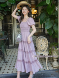 Ebbgo  French Puff Sleeve Dress Woman 2023 Summer Vintage Elegant Temperament Thin Cake Dress Beach Long Dresses