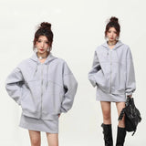 Ebbgo  -  American Retro Sports Leisure Hooded Jacket Women's Spring and Autumn New Lazy Style Half Skirt Fashion Two-piece Set