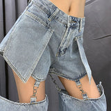 Ebbgo  New Hip hop Denim Jeans Women chain Pants Metal Buckle Broken Cut Out Trendy Trousers Split Female High Waist Hippie Streetwear