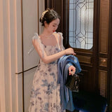 Ebbgo  Elegant Strap Floral Midi Dress Women Vintage Sweet Print Slip Princess Long Dress Classy Party Holiday Fairy Dress Summer