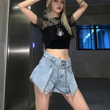 Ebbgo  New Hip hop Denim Jeans Women chain Pants Metal Buckle Broken Cut Out Trendy Trousers Split Female High Waist Hippie Streetwear