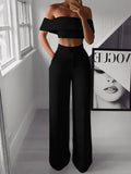 Ebbgo  -  Summer Solid Casual Two Piece Set Women Sexy Short Top Wide Leg Pants Outfits Femme Streetwear Slash Neck Shirt Pant Suit