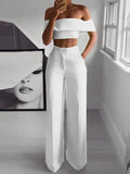 Ebbgo  -  Summer Solid Casual Two Piece Set Women Sexy Short Top Wide Leg Pants Outfits Femme Streetwear Slash Neck Shirt Pant Suit