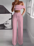 Ebbgo  -  Summer Solid Casual Two Piece Set Women Sexy Short Top Wide Leg Pants Outfits Femme Streetwear Slash Neck Shirt Pant Suit