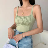 Ebbgo  Crop Top Women Sexy Casual Sleeveless Ruched Tank Top Summer Short Corset Tops Camis Solid Wrap Camisole Off Shoulder Vest Femme