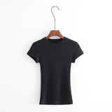 Ebbgo  Women Sexy Bodycon T Shirts Solid Colors Black White Short Sleeve Crop Top Female T-shirt Tee Casual Elastic Tight Sheath tshirt