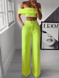 Ebbgo  -  Summer Solid Casual Two Piece Set Women Sexy Short Top Wide Leg Pants Outfits Femme Streetwear Slash Neck Shirt Pant Suit