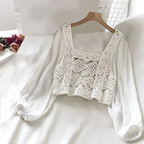 Ebbgo  -  Women's Lace Crochet Puff Sleeve Blouse Hollow Out Crop Tops Square Collar Woman Short Blouses Summer Lady Casual White