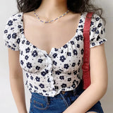 Ebbgo  Square Neck Floral Pink Blouse Short Sleeve Crop Top Women Fashion Cropped Bustier Top Summer Vintage Shirt Puff Sleeve Blouses