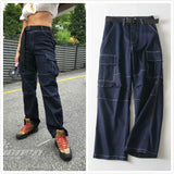 Ebbgo  Vintage Wide Leg Jeans Big Pocket Loose Washed High Waist Denim Pants Women Cargo Pants with Buckle Sashes Pantalon Femme