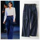 Ebbgo  Vintage Wide Leg Jeans Big Pocket Loose Washed High Waist Denim Pants Women Cargo Pants with Buckle Sashes Pantalon Femme