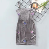 Ebbgo  Women Summer Butterfly Embroidery Gray Spaghetti Strap Bodycon Sheath Dress Vintage Velvet Off Shoulder Wrapped Mini Dress Sexy