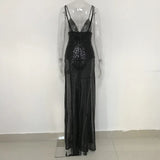 Ebbgo  Plus Size Sequined Long Dresses Women Split Sleeveless Summer Deep V Neck High Waist Party Club Dress Black Strap Maxi Dress