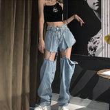 Ebbgo  New Hip hop Denim Jeans Women chain Pants Metal Buckle Broken Cut Out Trendy Trousers Split Female High Waist Hippie Streetwear