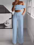 Ebbgo  -  Summer Solid Casual Two Piece Set Women Sexy Short Top Wide Leg Pants Outfits Femme Streetwear Slash Neck Shirt Pant Suit